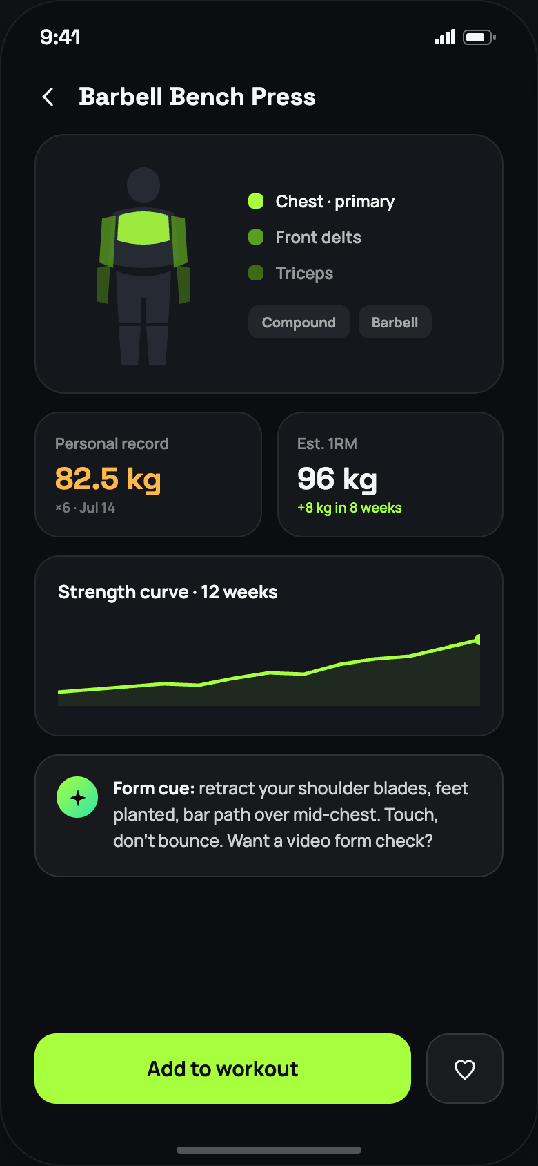 Exercise detail screen with a muscle activation map.