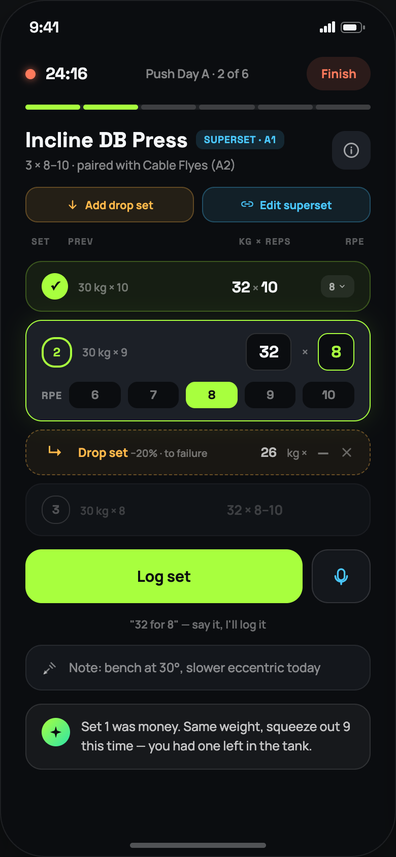 Active workout screen logging a set with weight, reps and RPE.