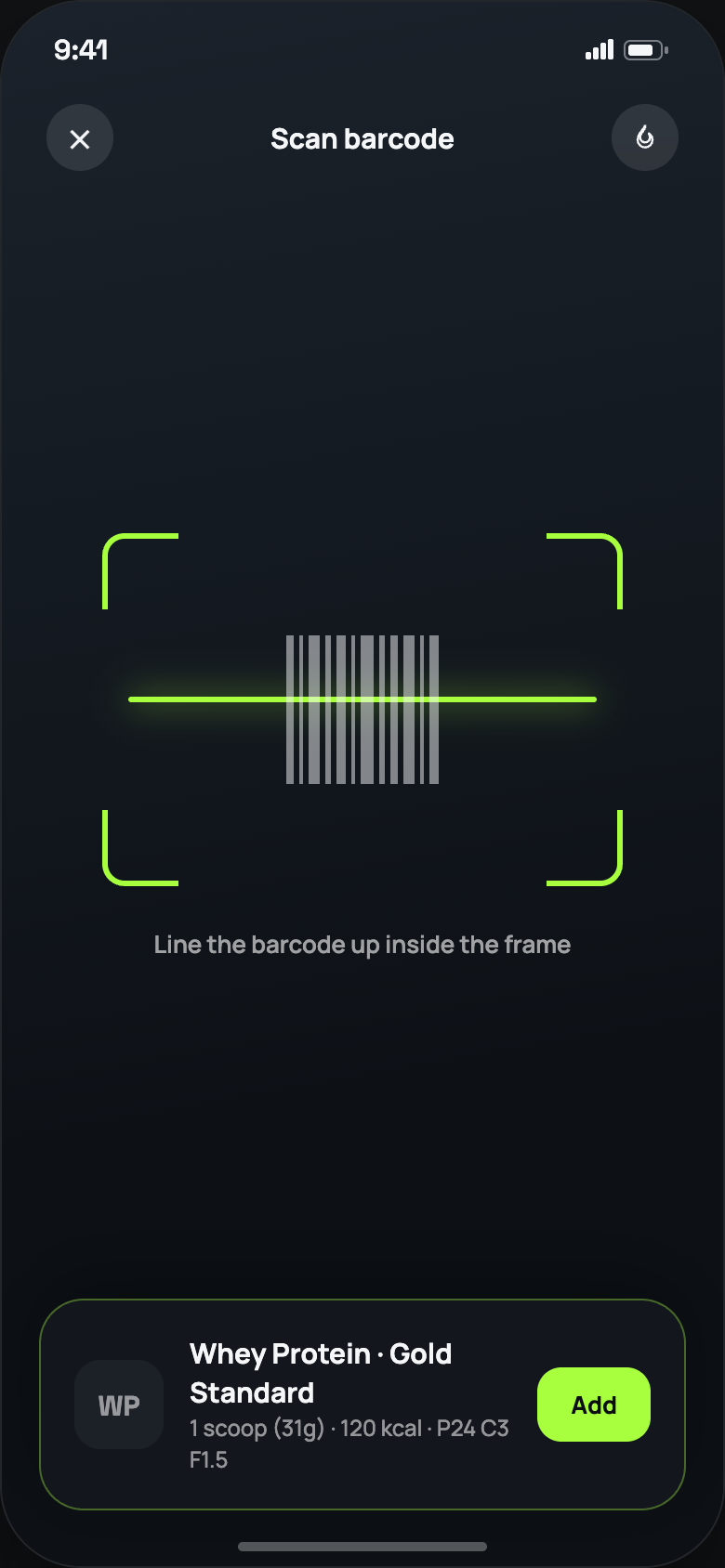 Barcode scanner screen for logging packaged food.