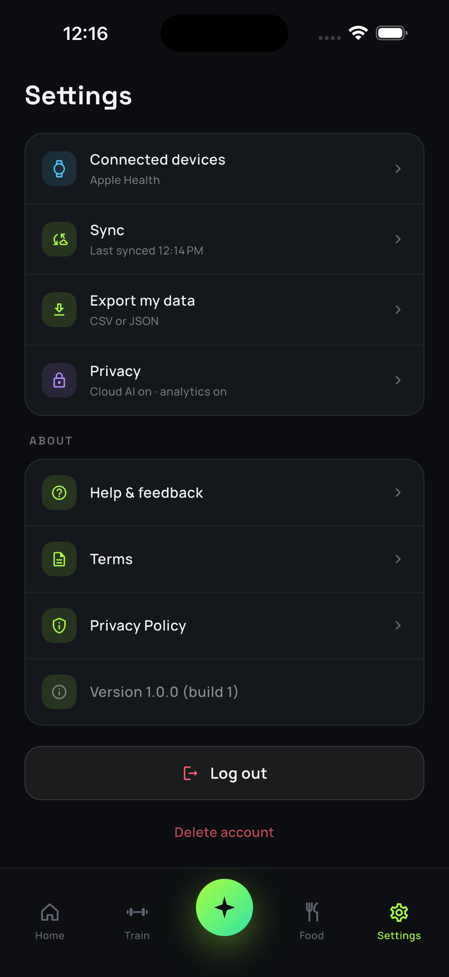 The GymLog AI Settings screen. At the bottom, below the Log out button, is the red ‘Delete account’ link, circled here.